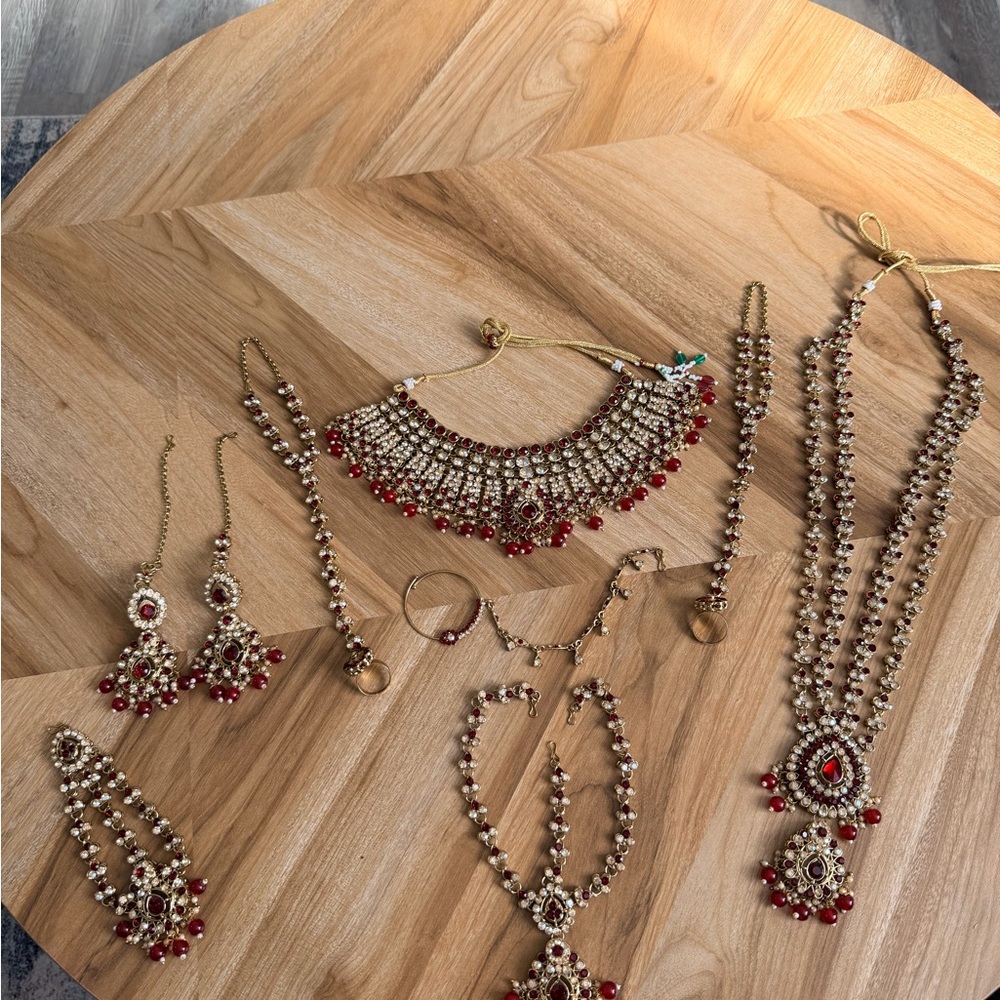 Indian Gold-Tone Red Stone Bridal Jewelry Set